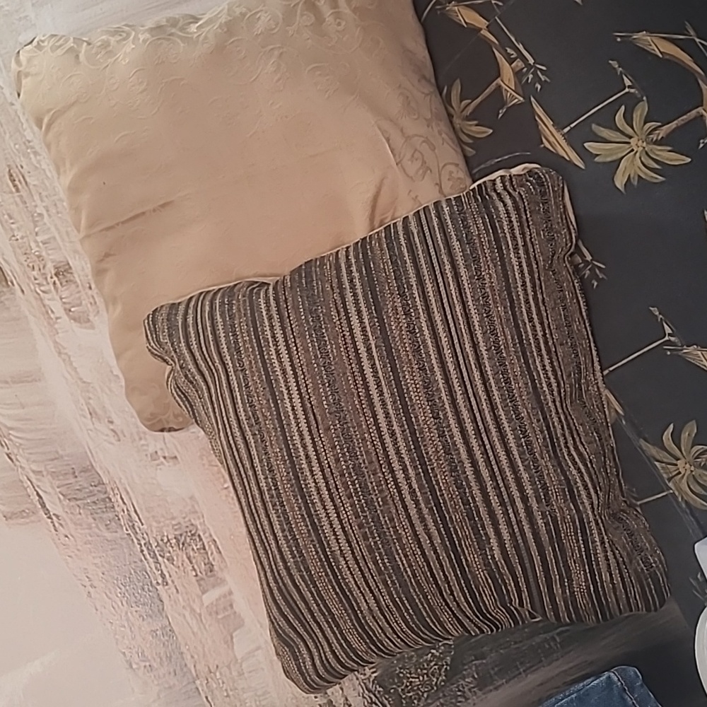 Set of 2 brown striped embroidered textured decorative throw accent pillows